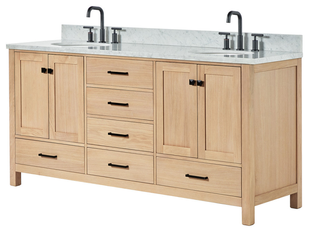 Cambridge 73" Double Bath Vanity With Italian Carrara Marble Top, Oak