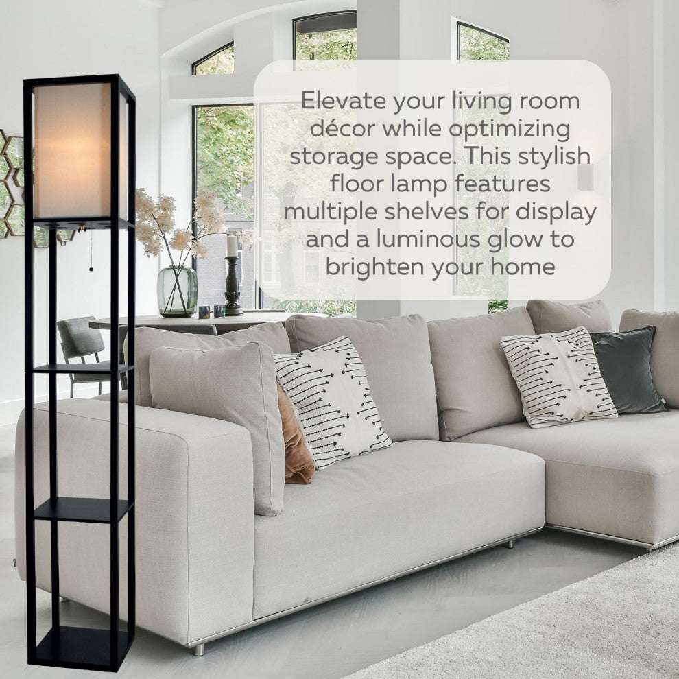 Floor Lamp with Shelves 63" Tall Wood with White Linen Shade