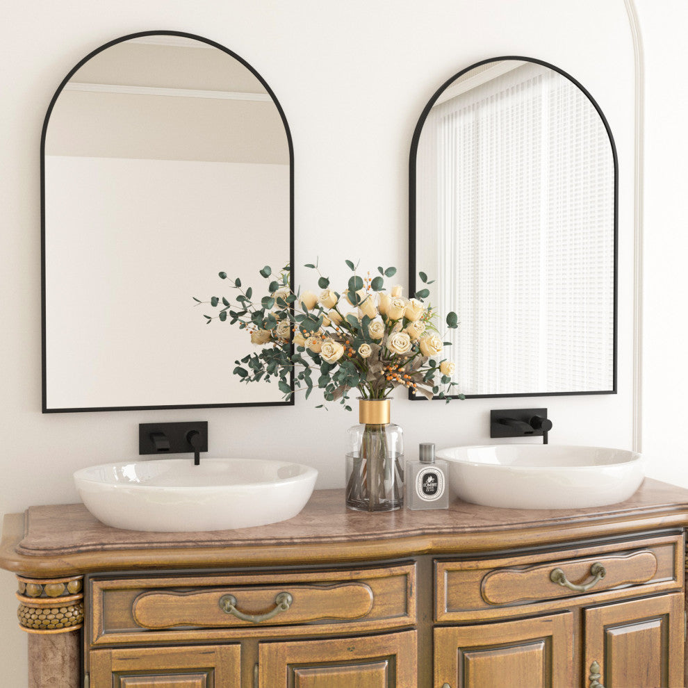 Easly Aluminum Alloy Framed Arched Wall Mirror, Black, 26x38