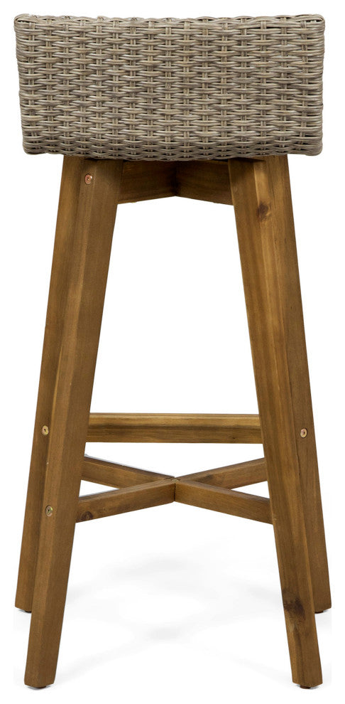 Jessie Outdoor Wood and Wicker Barstool, Set of 4, Light Brown, Teak Finish