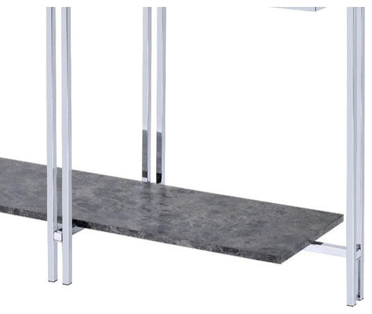 Glass Top Metal Sofa Table with Marble Bottom shelf, Silver and Clear
