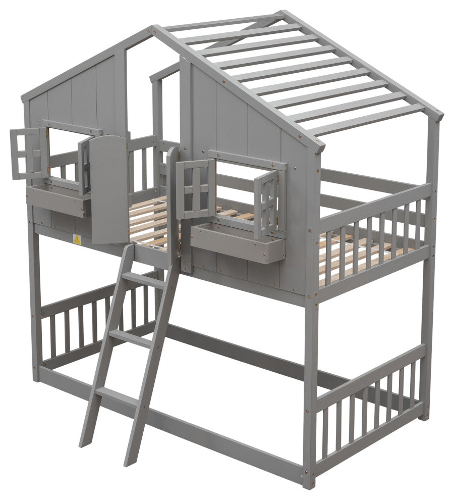 Twin over Twin Low Height Wood House Bunk Bed with Roof and Ladder, Grey