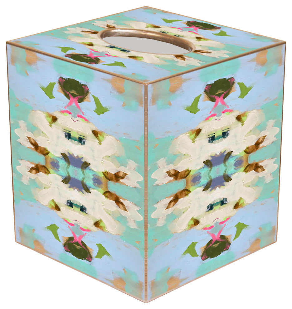 WB362LP-Summer Garden Light Blue by Laura Park Wastepaper Basket, Scalloped Top and Wood Tissue Box Cover