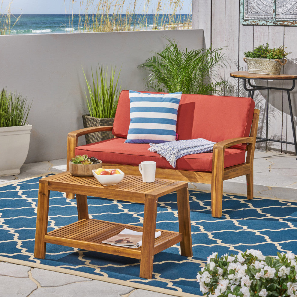 GDF Studio Christian Outdoor Acacia Wood Loveseat/Coffee Set, Teak Finish/Red