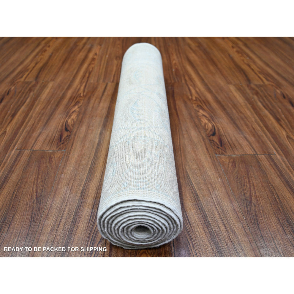 Ivory Wool Hand Knotted Washed Out Runner Peshawar Oriental Rug  2'7"x9'11"
