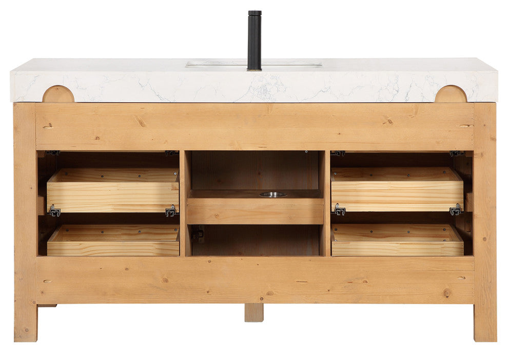 Leon Bath Vanity With Composite Stone Top, Fir Wood Brown, 60" Single Sink, No Mirror