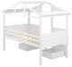 Twin Size Loft Bed With Two Drawers Windows And Roof Design White