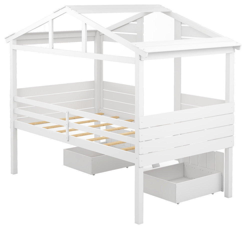 Twin Size Loft Bed With Two Drawers Windows And Roof Design White