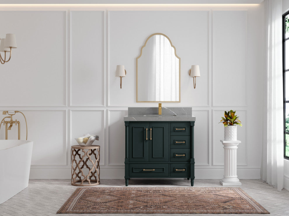 Aberdeen 36 Center Sink Bath Vanity in Dark Forest Green 2" Piatra Gray
