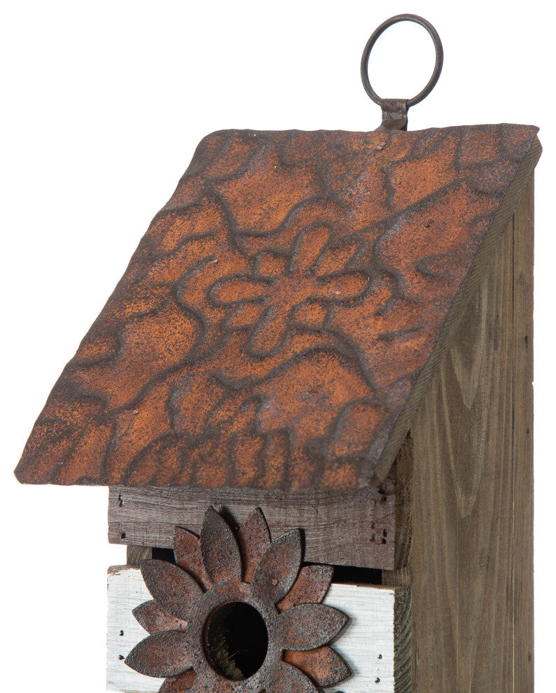 14.5"H Brown/White Two-Tiered Distressed Solid Wood Birdhouse