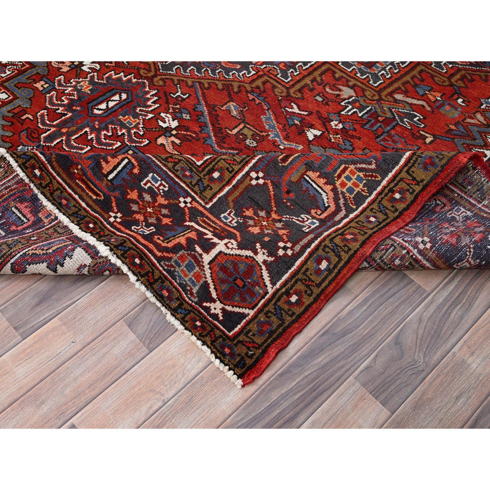 Imperial Red Semi Antique Persian Heriz Worn Wool Hand Knotted Rug 8'1"x11'1"