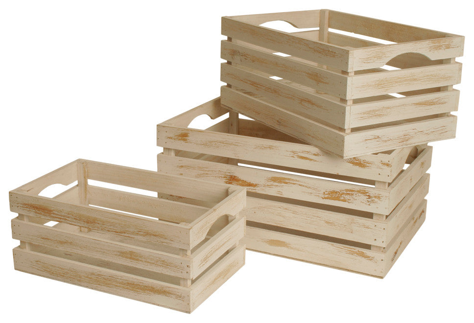 Wald Imports Whitewash Wood Decorative Storage Crates, Set of 3