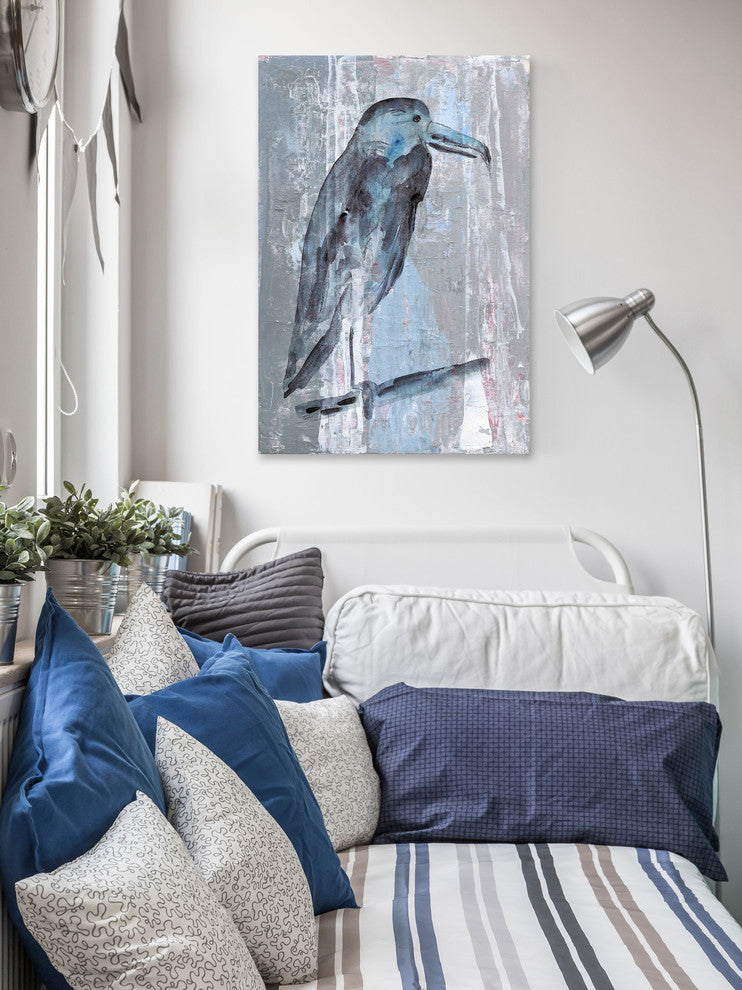 "Blue-Grey Bird" Painting Print on Wrapped Canvas, 30"x45"