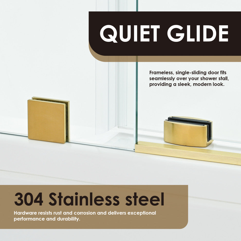 Lazaro Single Sliding Frameless Tub Door, Clear Glass, Brushed Gold, 60"wx58"h