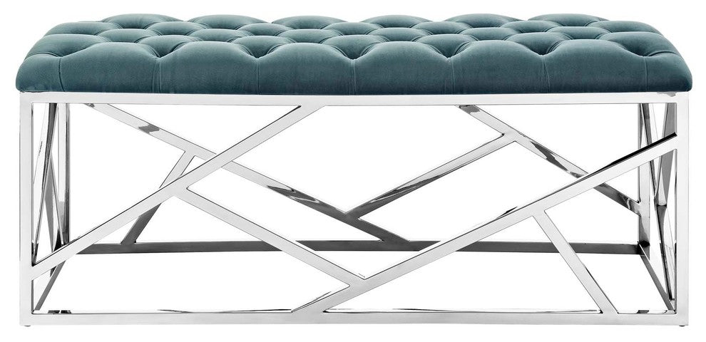 Modern Accent Chair Bench, Velvet Fabric Metal Steel, Blue