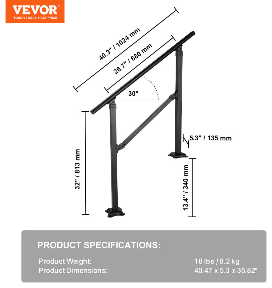 VEVOR Stair Handrail Railing 3 ft 3 Steps w/ Installation Kit Carbon Steel Black