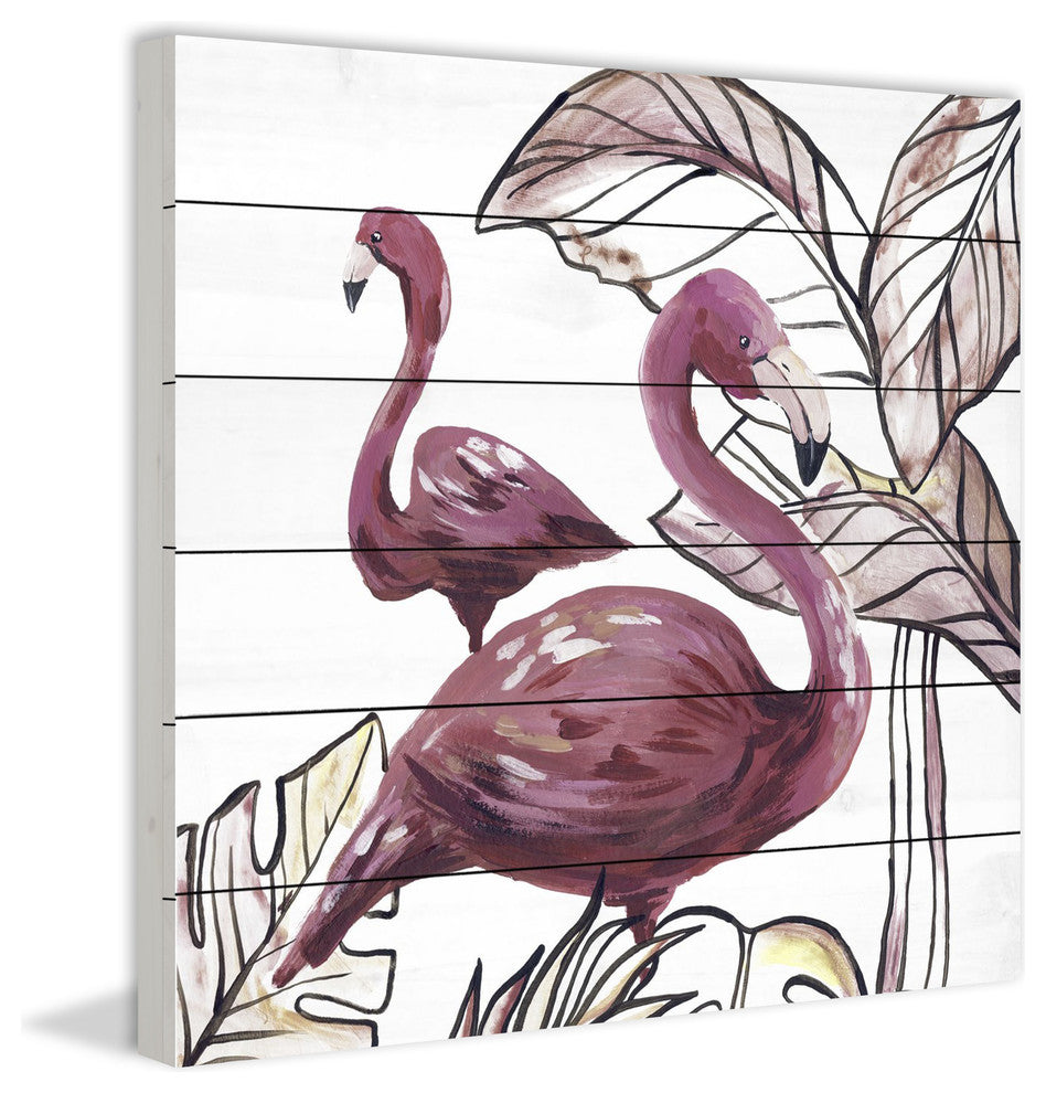 "Pink Flamingo II" Painting Print on White Wood, 24"x24"