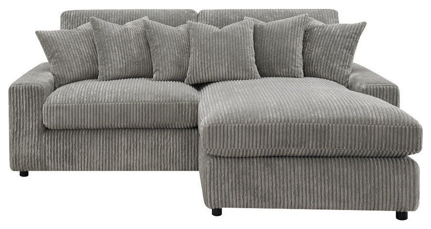 L-Shaped Corduroy Sectional Sofa with 6 Pillows in Gray