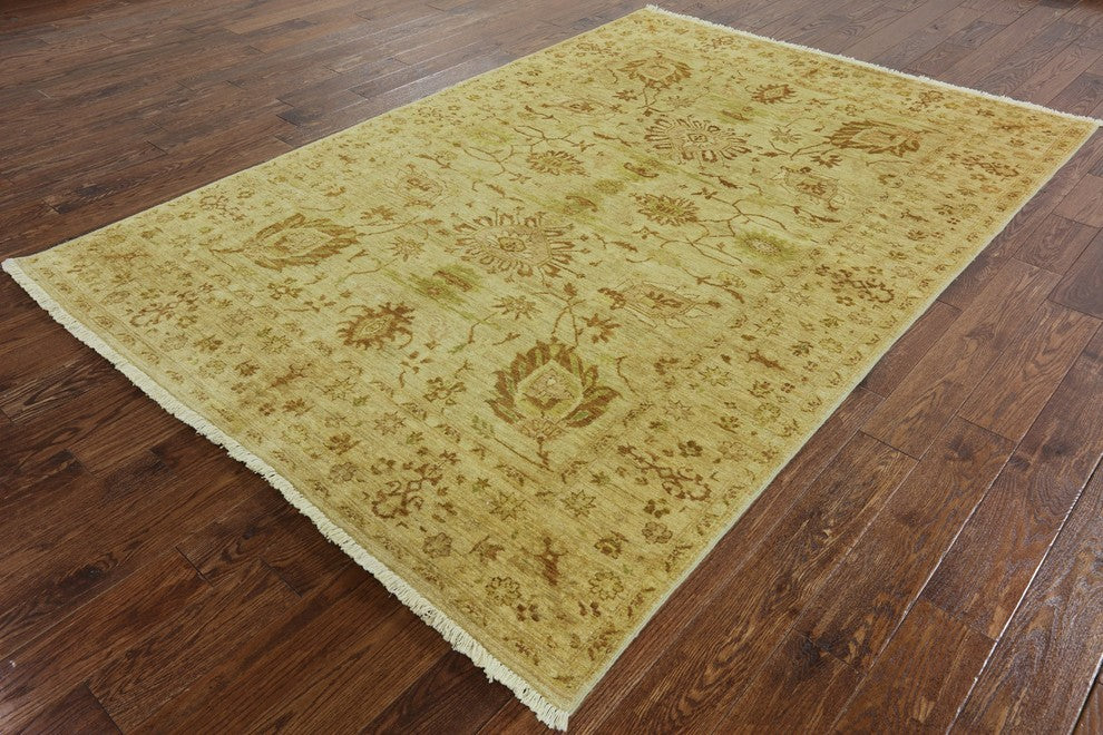 Oushak Ivory Peshawar Quality Chobi Hand-Knotted Wool Rug, 6'x9'
