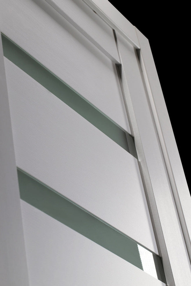 Leora Bianco Noble with Concealed Hinges, Tempered Frosted Glass, Solid Core, 24" X 80", Right-Hand