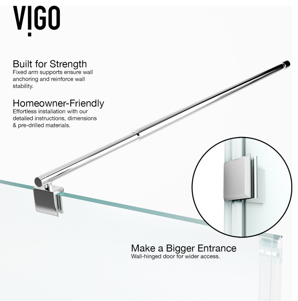 VIGO Pacifica 48"D x 36"W x 79"H Frameless Hinged Shower Enclosure, Chrome, Left Base