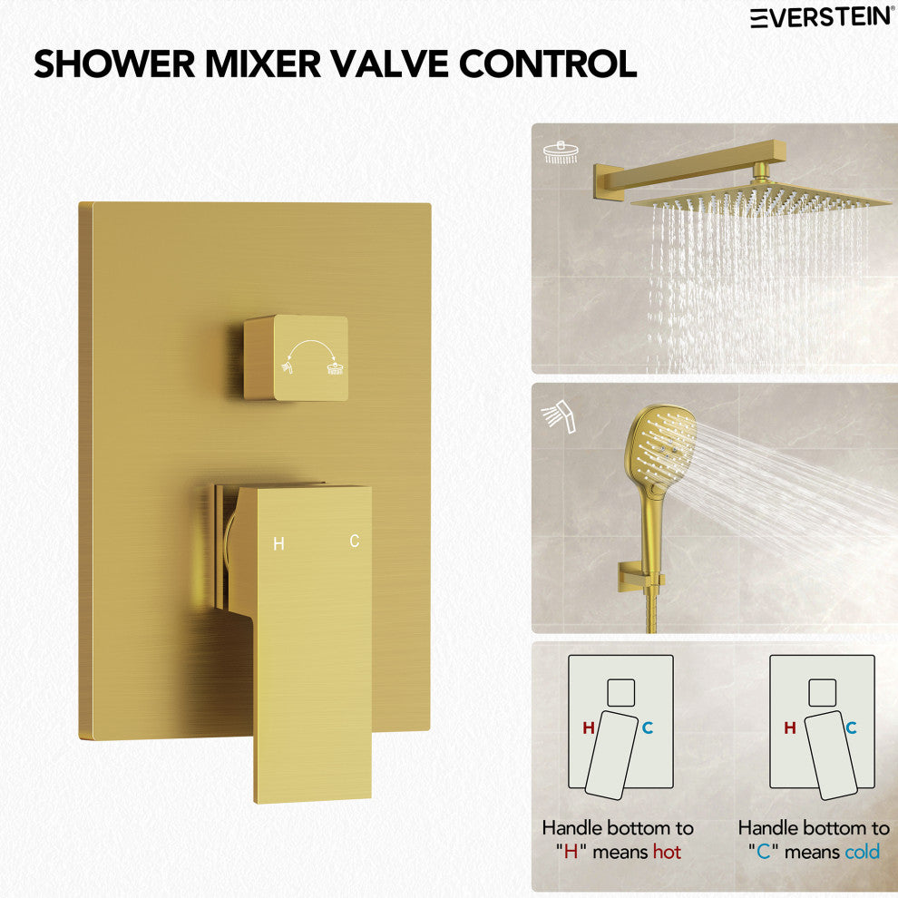 Pressure Balanced Shower System with 3-Setting Hand Shower, Brushed Gold, 10"
