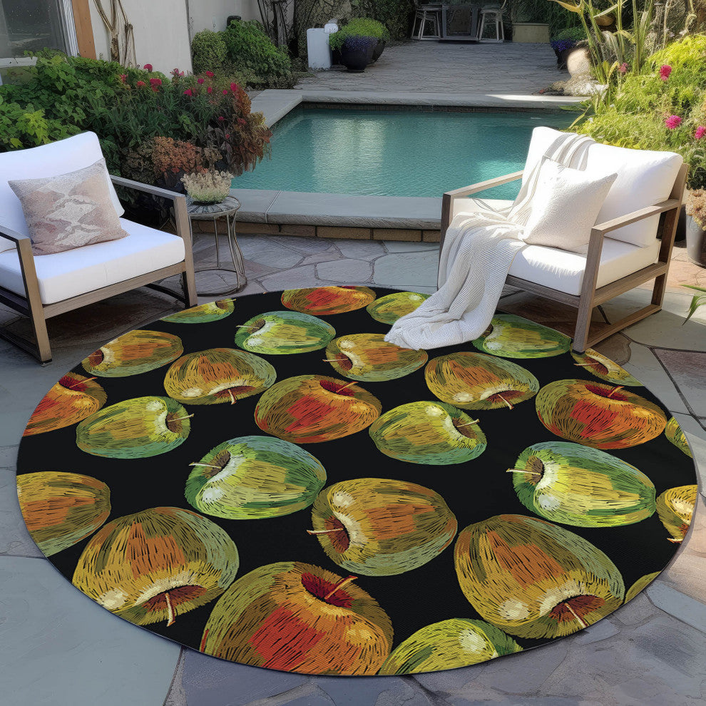 Indoor/Outdoor Kendall KE8 Black Machine Washable 8' x 8' Round Rug