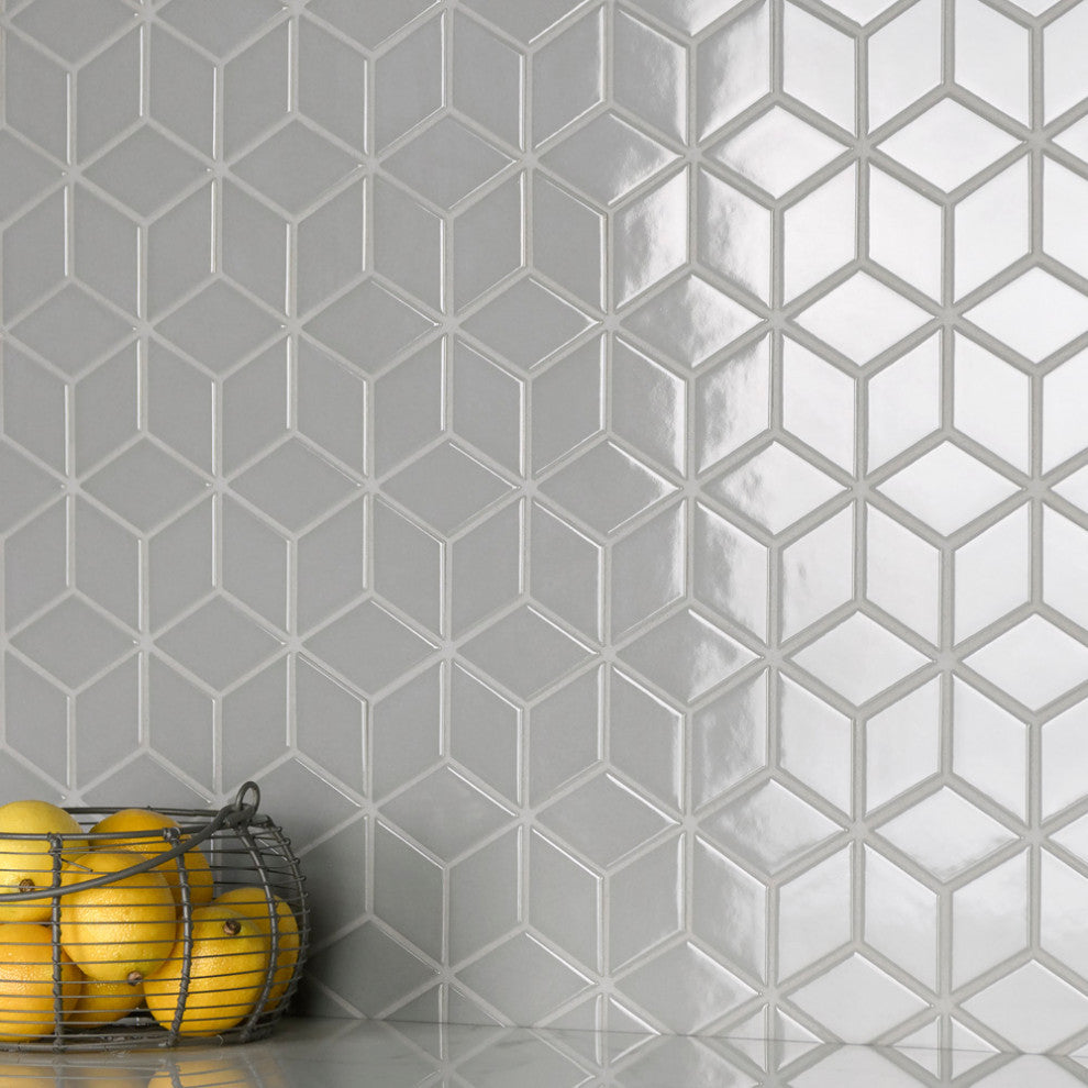 Metro Rhombus Mosaic Floor and Wall Tile, Glossy Light Gray