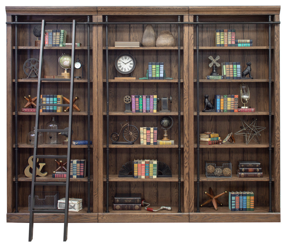 8' Tall Bookcase Wall With Ladder, Storage Organizer, Brown