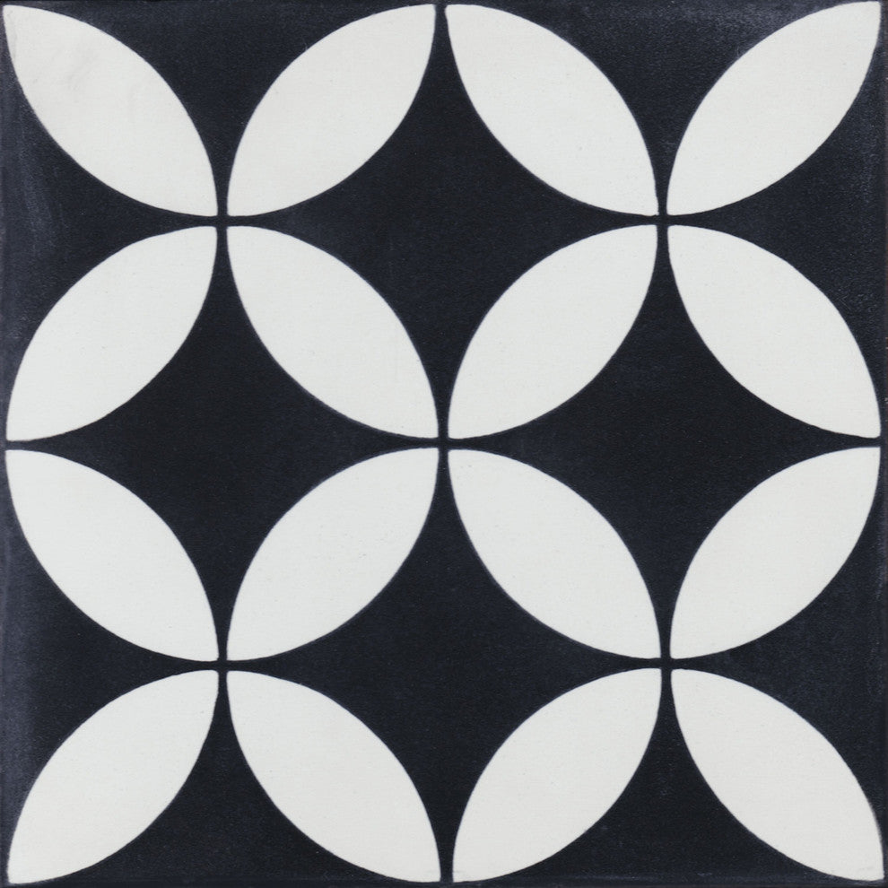 8"x8" Circulous Black and White Evening Cement Tiles, Set of 16