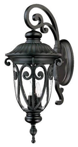 27" Tall Black Outdoor Wall Mount-Light, Hand-Blown Clear Seeded Glass