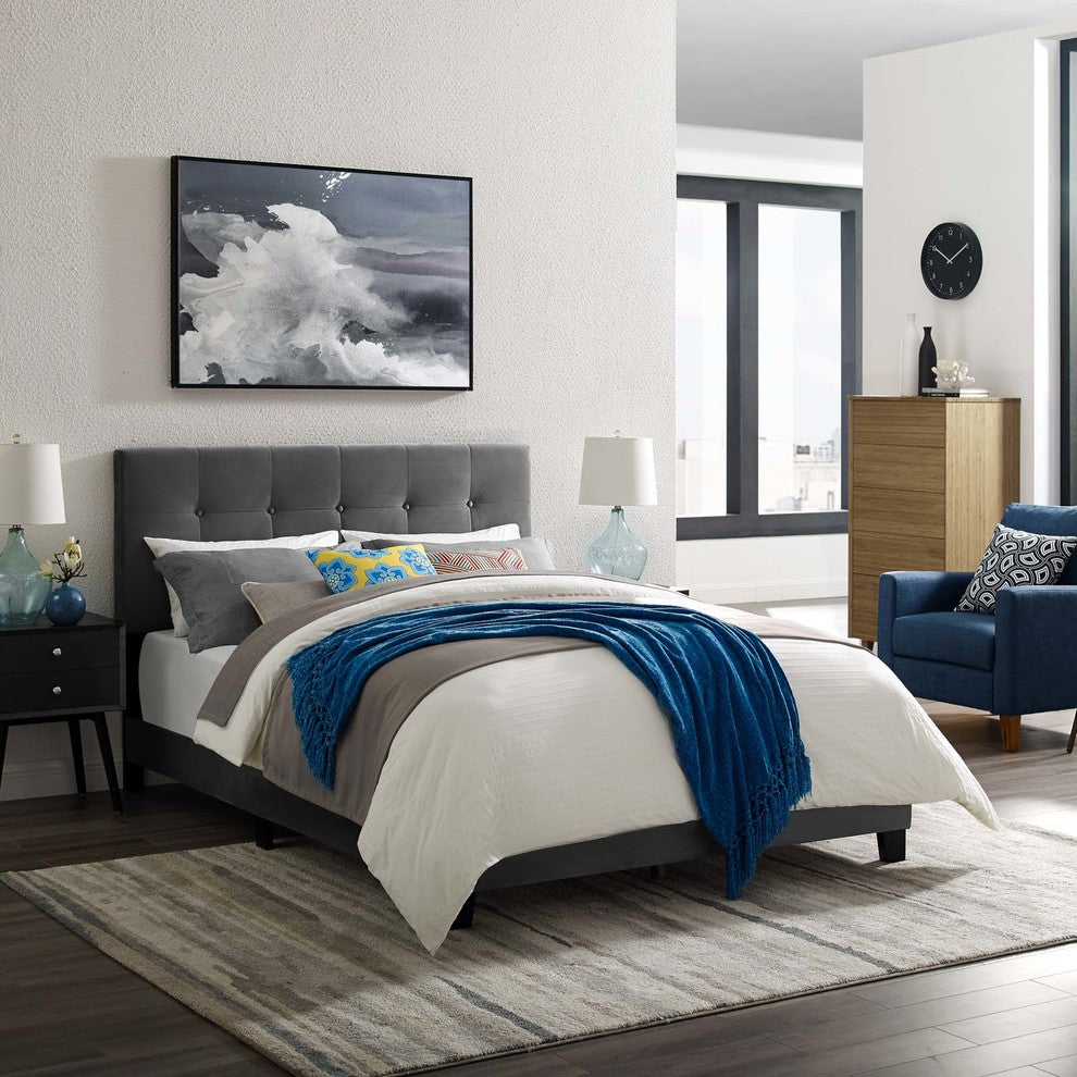 Amira Full Upholstered Velvet Bed, Gray