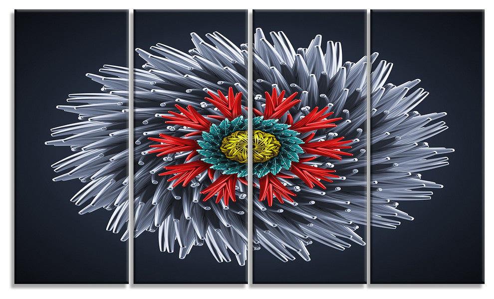 Abstract Silver 3D Flower, Abstract Canvas Art Print, 48"x28", 4 Panels