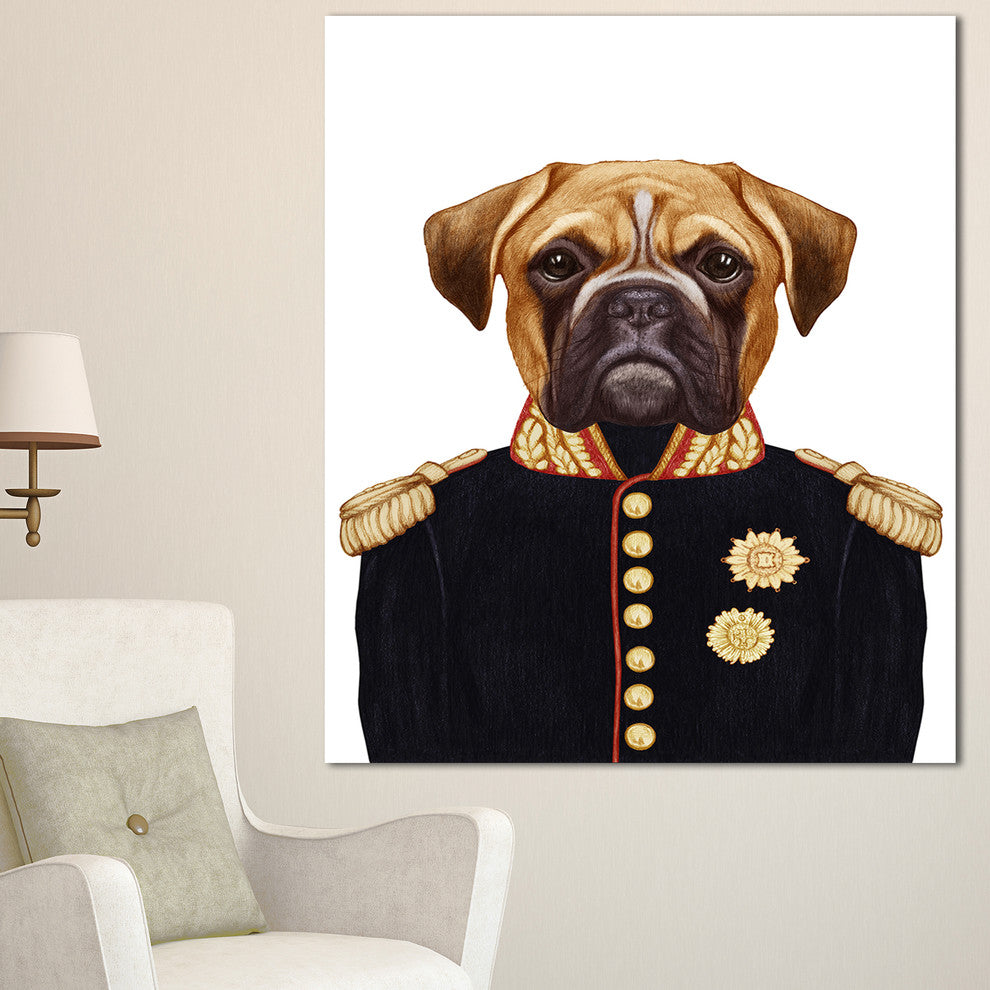 Funny Boxer Dog in Military Uniform, Animal Canvas Art Print, 30"x40"