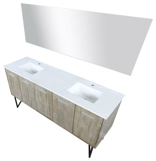 Lancy 72" Rustic Acacia DB Vanity, White Quartz Top, Square Sinks, 70" Mirror