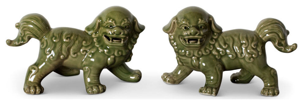 Green Porcelain Standing Chinese Foo Dog Set
