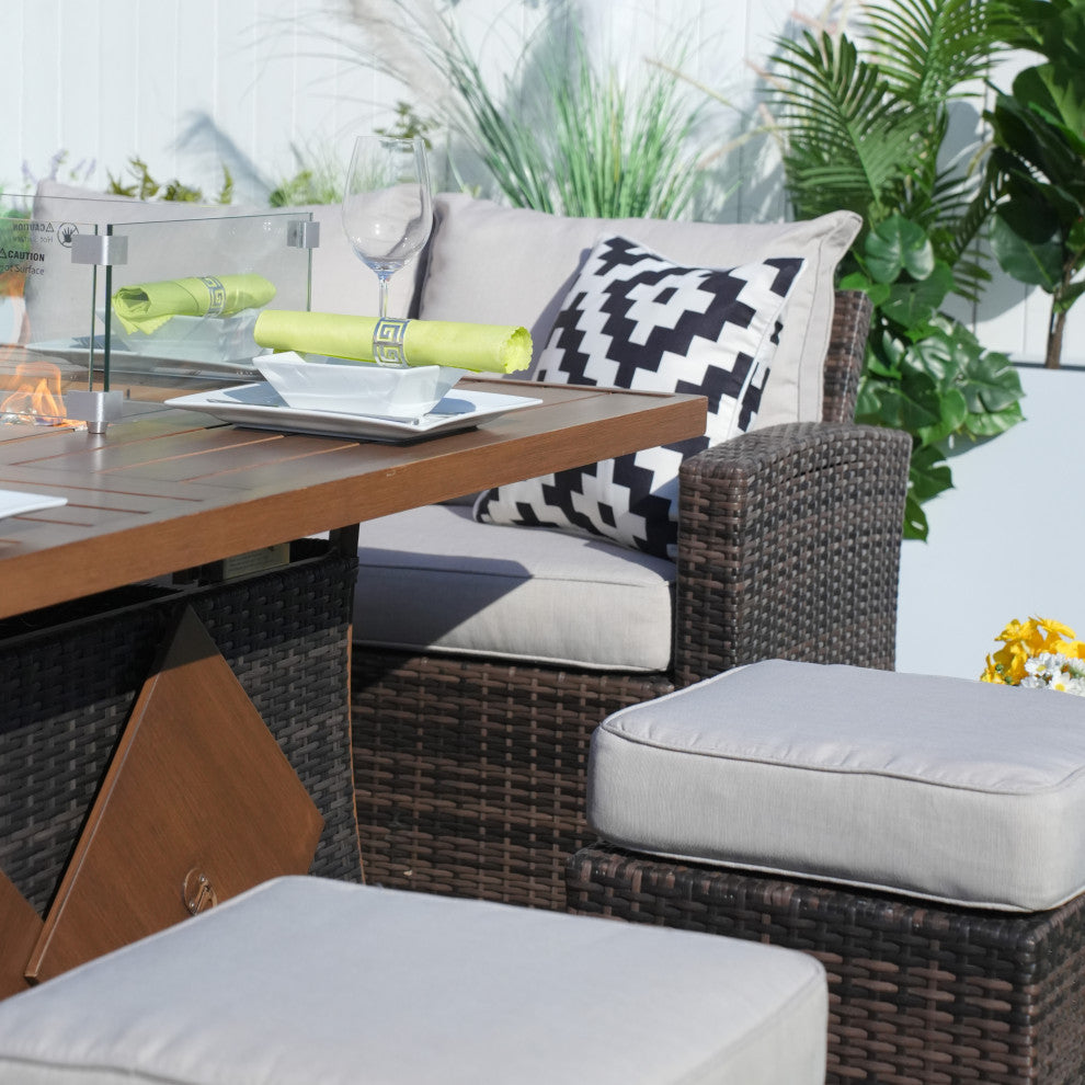 7-Piece Patio Sofa Set with Firepit and Ice Container Dining Table, Brown