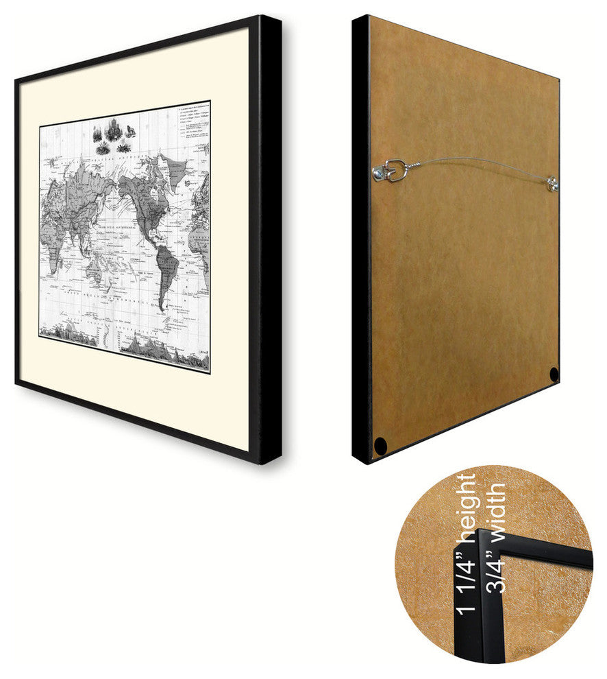 World Vintage Antique Map Print On Canvas With Black Custom Frame, 16"X21"