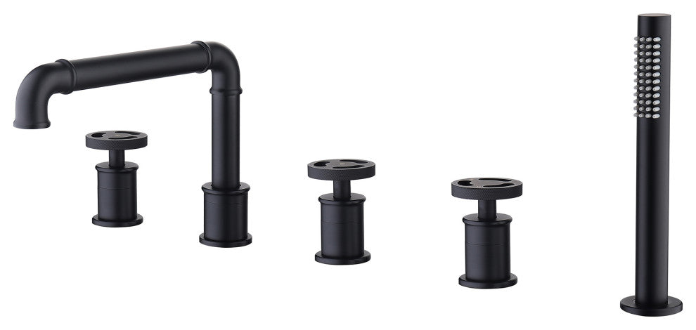 Modern 3-Handle Deck Mounted Roman Tub Faucet With Handshower, Matte Black