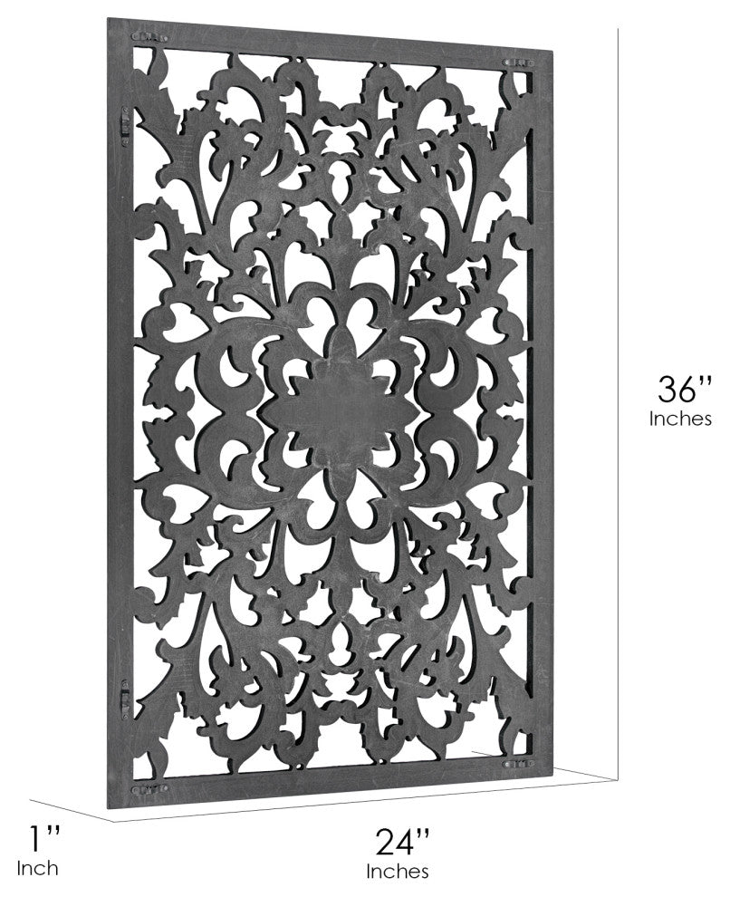 Hand-Carved Floral Wood Medallion Wall Art, Black, 36"x24"