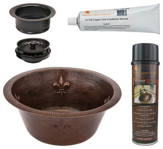 16" Round Copper Prep Sink, Fleur De Lis & 3.5" Drain Opening