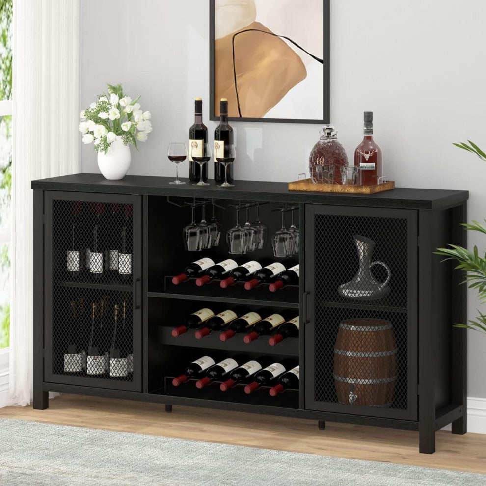 Industrial Bar Cabinet, Center Wine Rack and Glassware Storage in Dark Finish, Black Oak