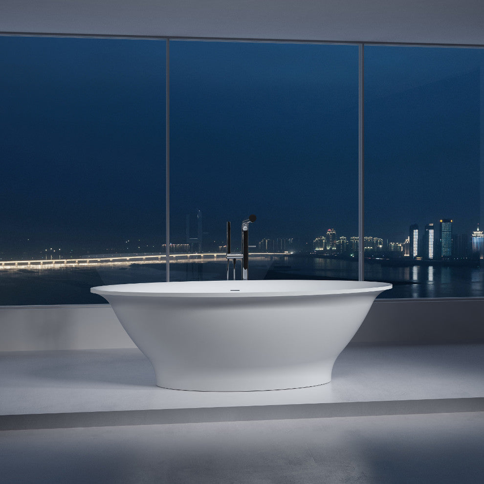 74" Polystone Oval Free-Standing Bathtub, Matte White, No Faucet