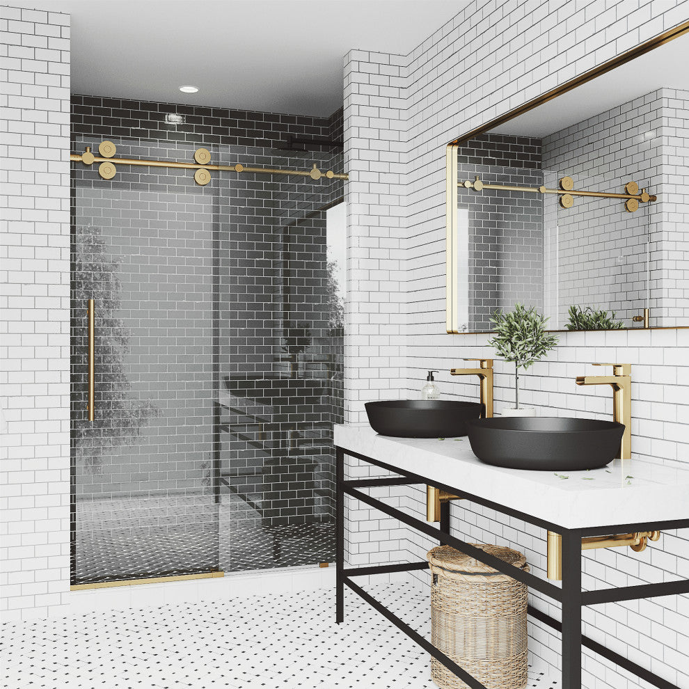 VIGO Elan 56" to 60" W x 74" H Frameless Sliding Shower Door, Matte Gold, Clear Glass