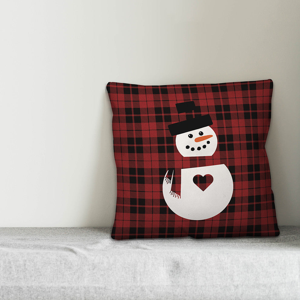 Plaid Snowman Heart 16"x16" Throw Pillow