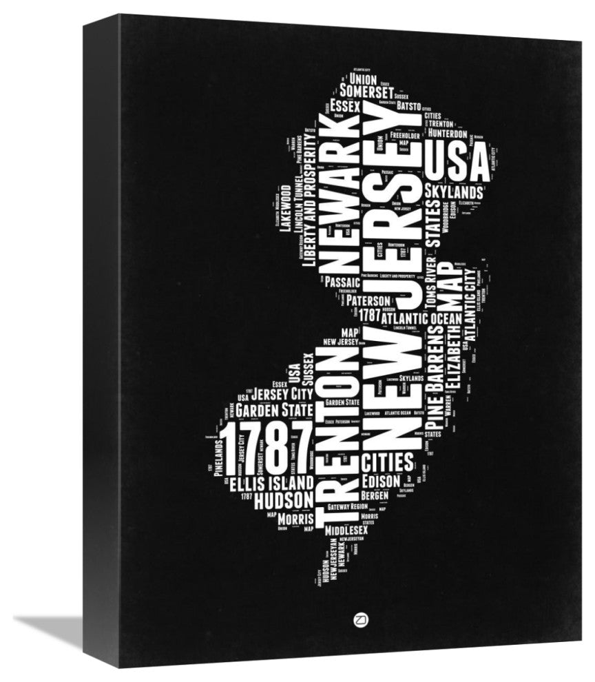 "New Jersey Black and White Map" Fine Art Print