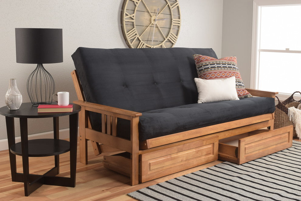 Caleb Frame Futon With Butternut Finish, Storage Drawers, Suede Black