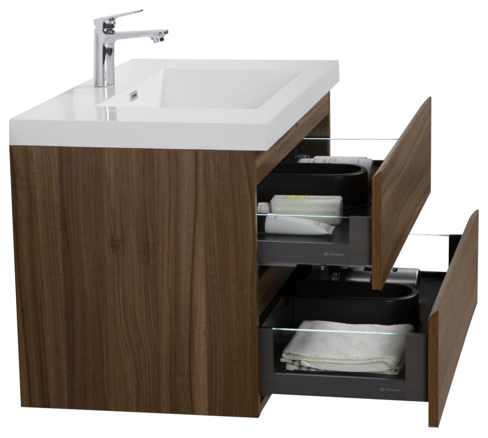 Aurora Wall Mount Vanity, White Acrylic Top, Smokey Walnut, 36"