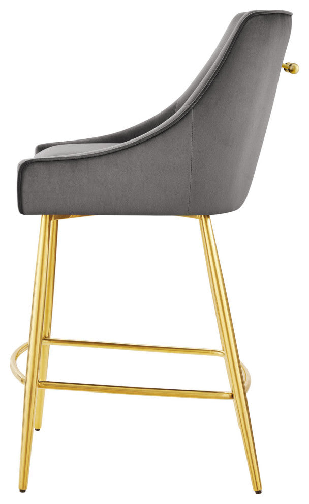 Counter Stool Chair, Set of 2, Gray, Velvet, Modern, Mid Century Lounge