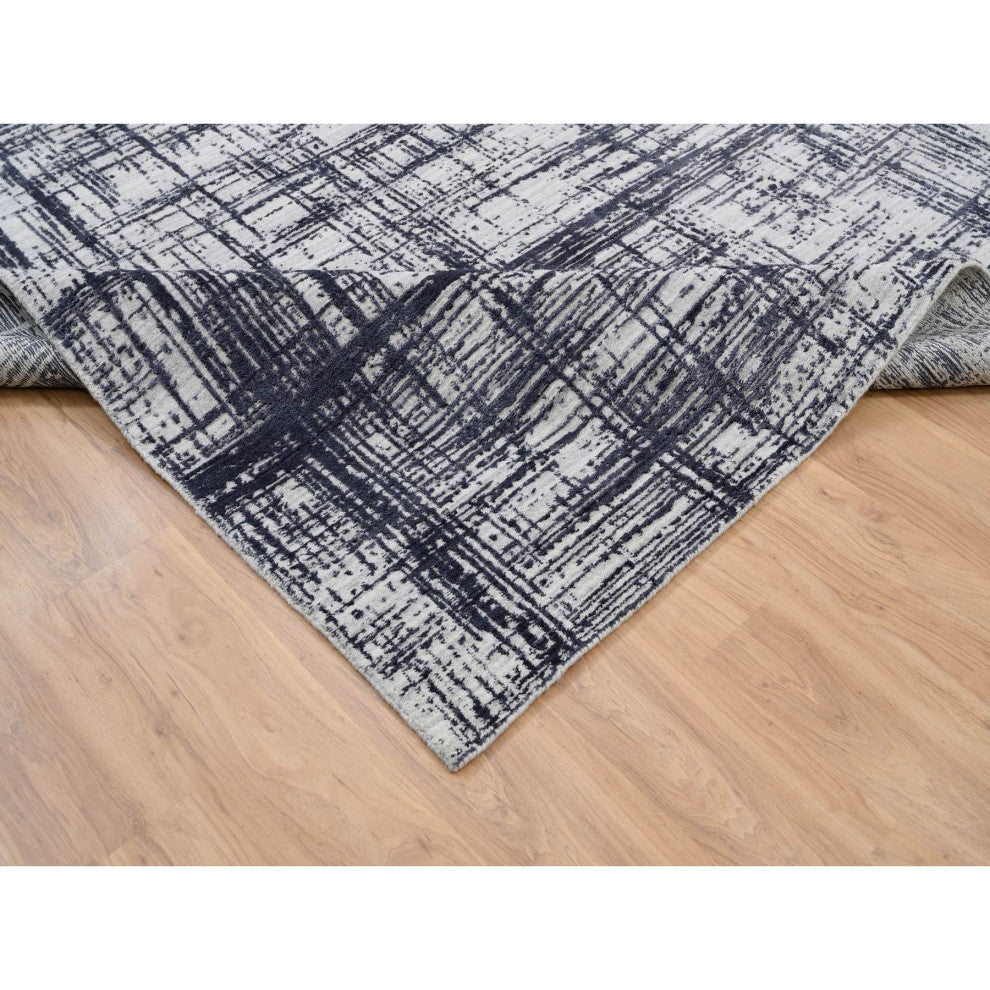 Black Hand Loomed Modern Erased Lines Design Wool and Silk Rug 7'10" x 10'0"
